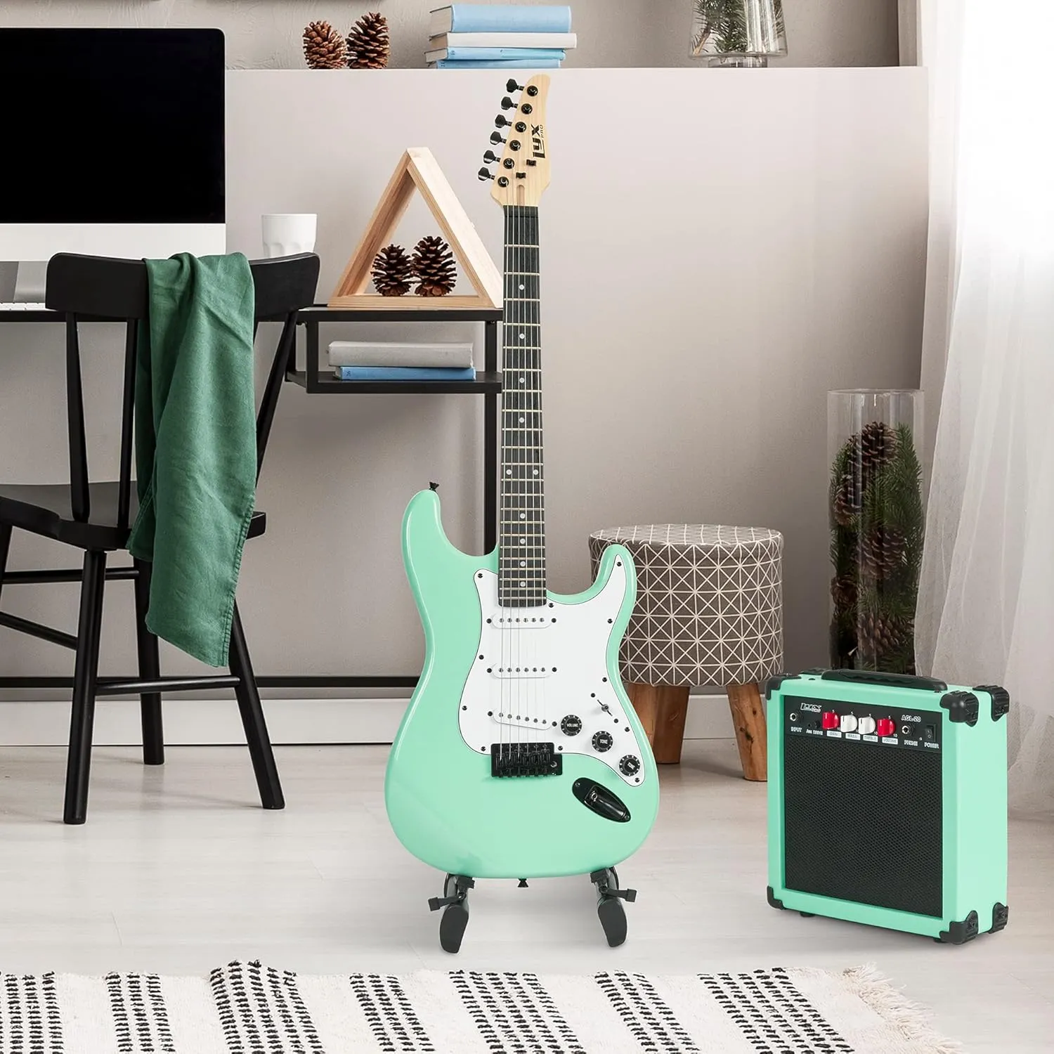 LyxPro 39 inch Electric Guitar Kit Bundle with 20w Amplifier, All Accessories, Digital Clip On Tuner, Six Strings, Two Picks, Tremolo Bar, Shoulder Strap, Case Bag Starter kit Full Size - Green