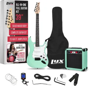 LyxPro 39 inch Electric Guitar Kit Bundle with 20w Amplifier, All Accessories, Digital Clip On Tuner, Six Strings, Two Picks, Tremolo Bar, Shoulder Strap, Case Bag Starter kit Full Size - Green