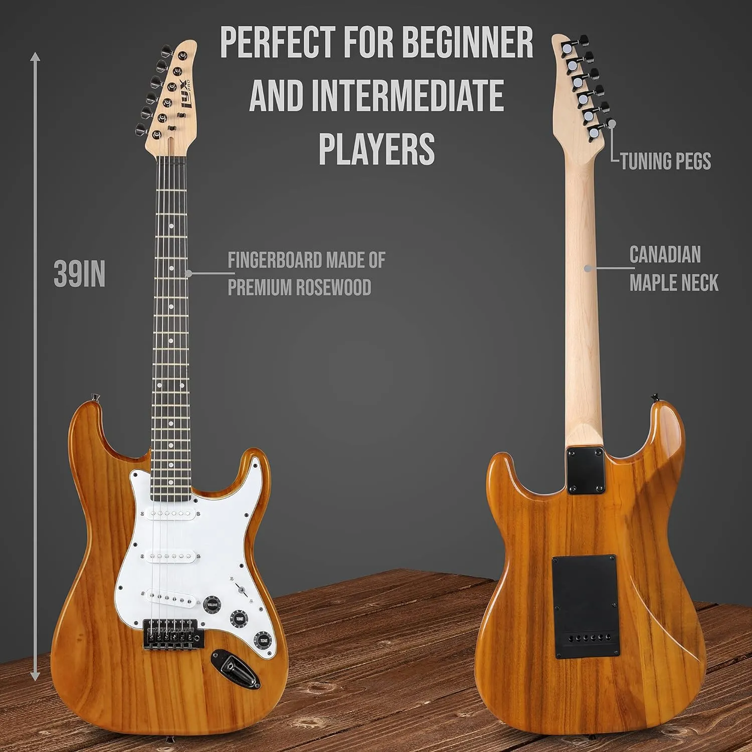 LyxPro 39 inch Electric Guitar Kit Bundle with 20w Amplifier, All Accessories, Digital Clip On Tuner, Six Strings, Two Picks, Tremolo Bar, Shoulder Strap, Case Bag Starter kit Full Size - mahogany