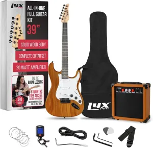 LyxPro 39 inch Electric Guitar Kit Bundle with 20w Amplifier, All Accessories, Digital Clip On Tuner, Six Strings, Two Picks, Tremolo Bar, Shoulder Strap, Case Bag Starter kit Full Size - mahogany