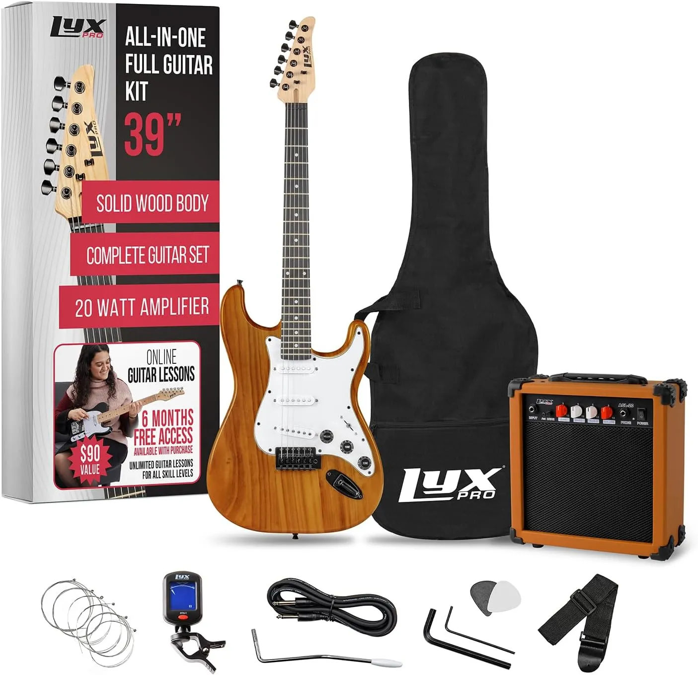 LyxPro 39 inch Electric Guitar Kit Bundle with 20w Amplifier, All Accessories, Digital Clip On Tuner, Six Strings, Two Picks, Tremolo Bar, Shoulder Strap, Case Bag Starter kit Full Size - mahogany