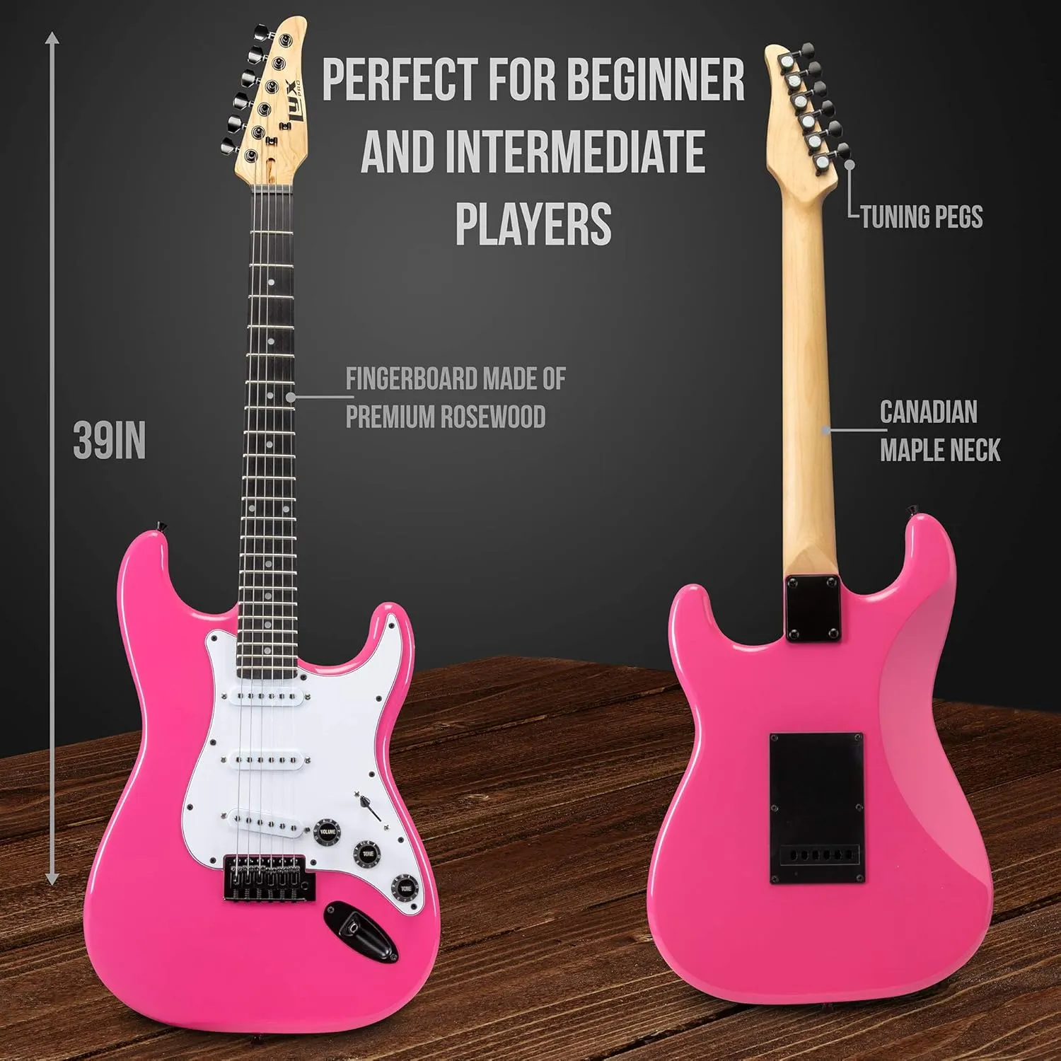 LyxPro 39" inch Full Size Electric Guitar with 20w Amp, Package Includes All Accessories, Digital Tuner, Strings, Picks, Tremolo Bar, Shoulder Strap, and Case Bag Complete Beginner Starter kit - Pink