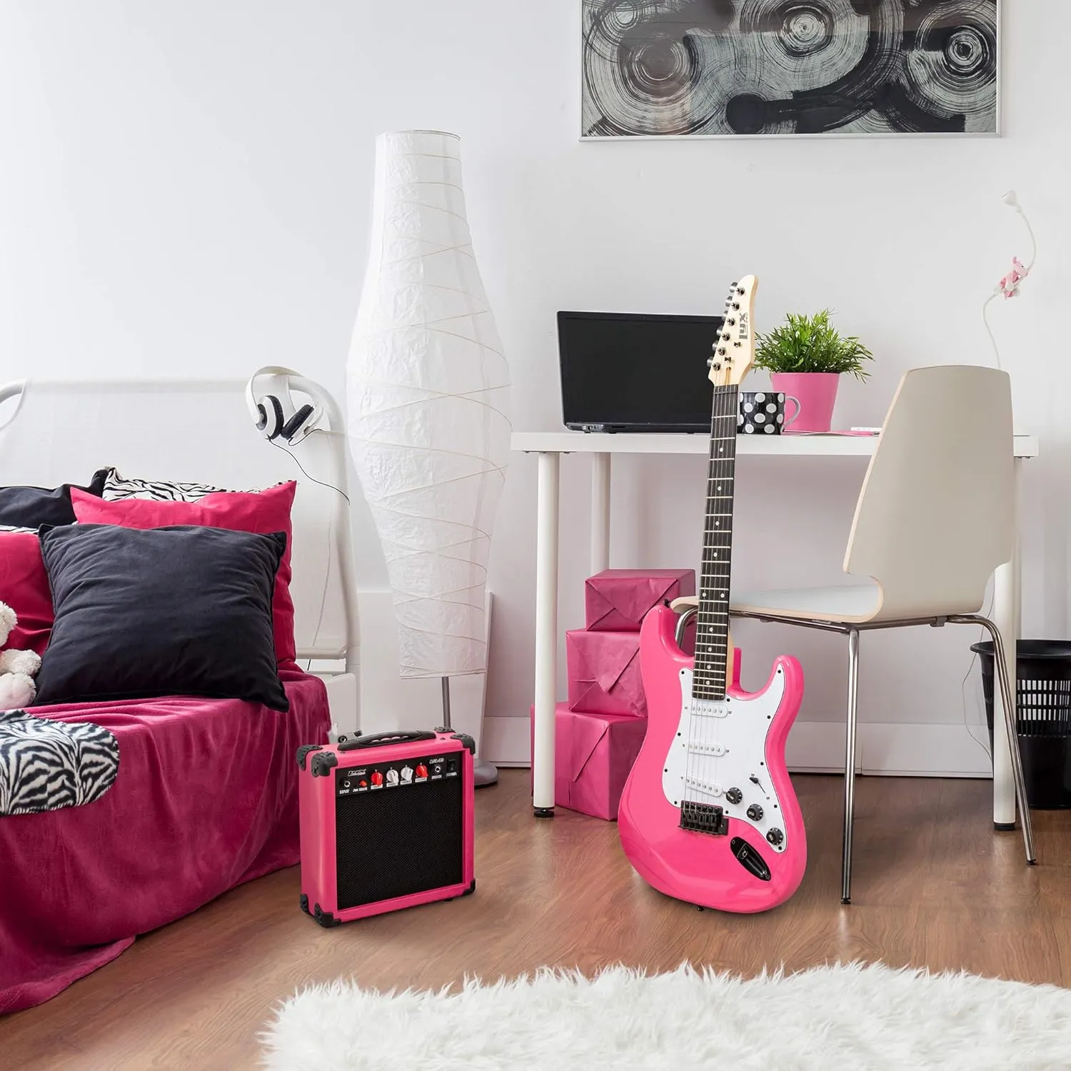 LyxPro 39" inch Full Size Electric Guitar with 20w Amp, Package Includes All Accessories, Digital Tuner, Strings, Picks, Tremolo Bar, Shoulder Strap, and Case Bag Complete Beginner Starter kit - Pink
