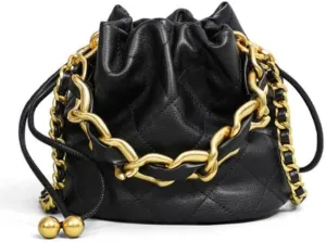 MAICOSY Quilted Bucket Bag with Gold Chain Strap, Black, Mini Crossbody Purse for Women