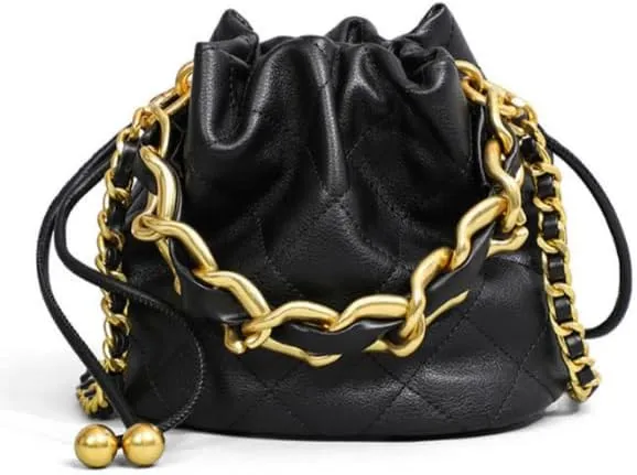 MAICOSY Quilted Bucket Bag with Gold Chain Strap, Black, Mini Crossbody Purse for Women