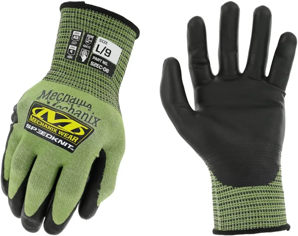 Mechanix Wear: ANSI A3 Cut Resistant Urethane Coated SpeedKnit Work Gloves - Touch Capable, Strong Grip in Dry & Wet Conditions (Green, Large)