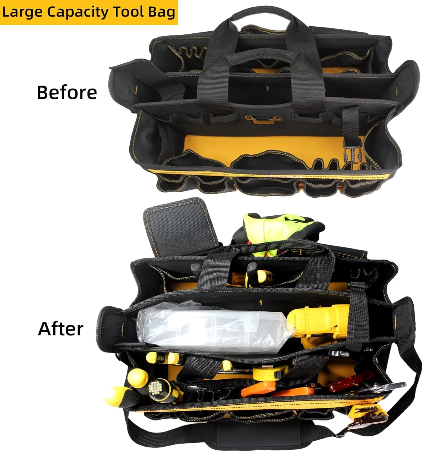 MELOTOUGH Electrician Tool Bag with shoulder strap 17 inch, HAVC Tool bag, Open Top Tool Carrier with plastic tray for construction DIY,Electrical,Technician