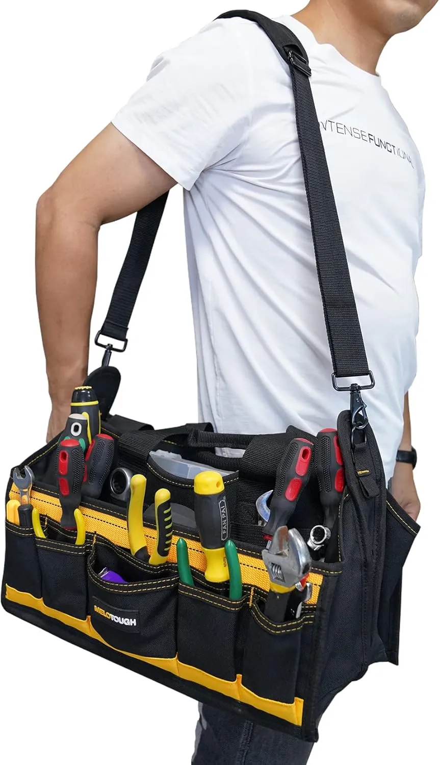 MELOTOUGH Electrician Tool Bag with shoulder strap 17 inch, HAVC Tool bag, Open Top Tool Carrier with plastic tray for construction DIY,Electrical,Technician