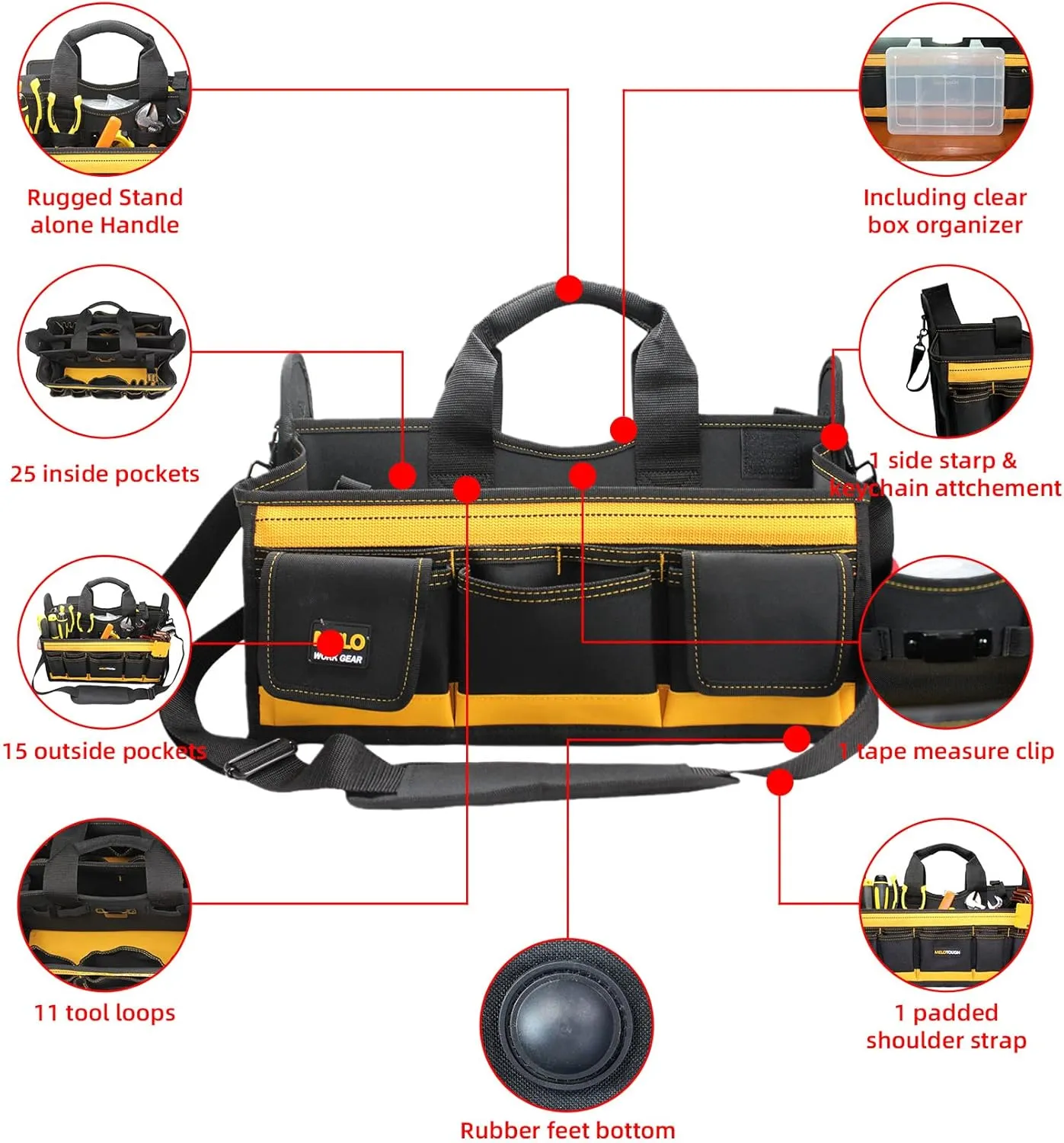 MELOTOUGH Electrician Tool Bag with shoulder strap 17 inch, HAVC Tool bag, Open Top Tool Carrier with plastic tray for construction DIY,Electrical,Technician