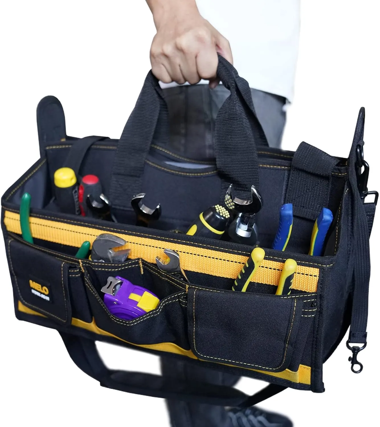 MELOTOUGH Electrician Tool Bag with shoulder strap 17 inch, HAVC Tool bag, Open Top Tool Carrier with plastic tray for construction DIY,Electrical,Technician