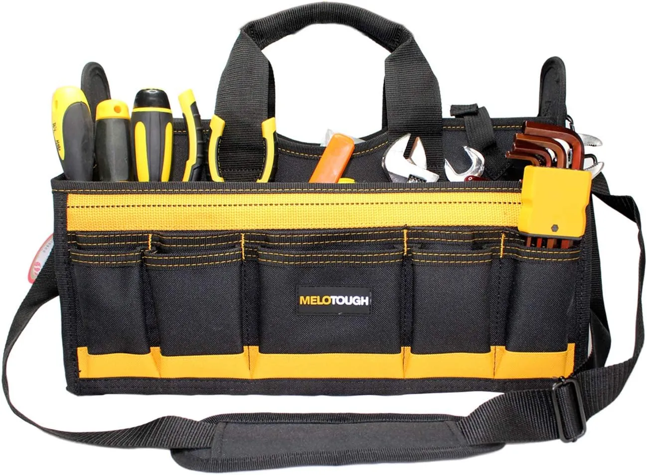 MELOTOUGH Electrician Tool Bag with shoulder strap 17 inch, HAVC Tool bag, Open Top Tool Carrier with plastic tray for construction DIY,Electrical,Technician