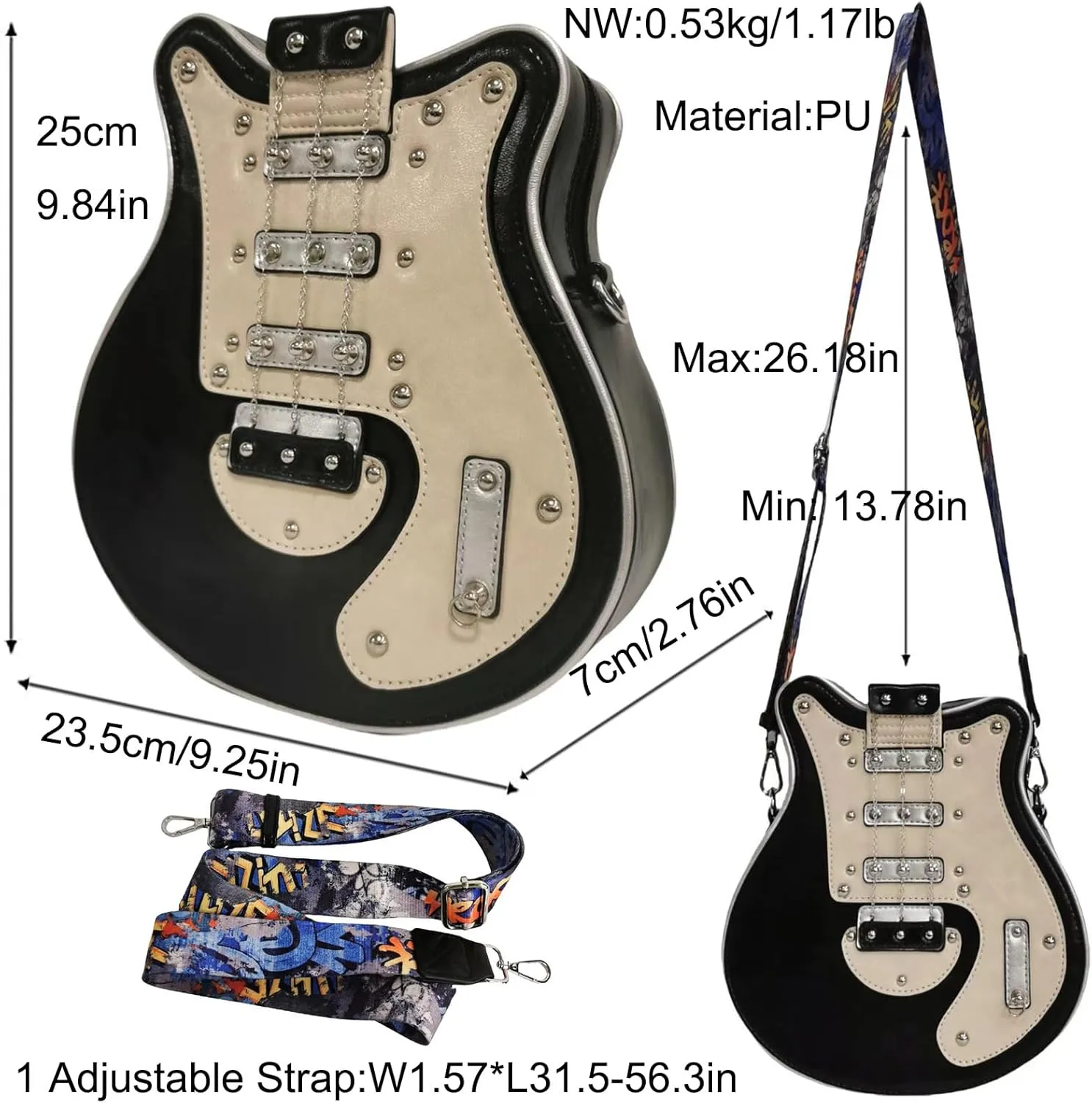 Men and Women Music Guitar Shaped Crossbody Shoulder Bag PU Leather Unique Novelty Guitar Purse