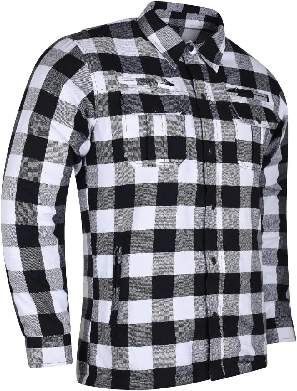 Men's Biker Armored Checkered Flannel Shirt with Kevlar, Waterproof Zippers & C.E. Approved Armors