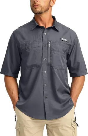 Men's Fishing Shirts with Zipper Pockets UPF 50  Lightweight Cool Short Sleeve Button Down Shirts for Men Casual Hiking