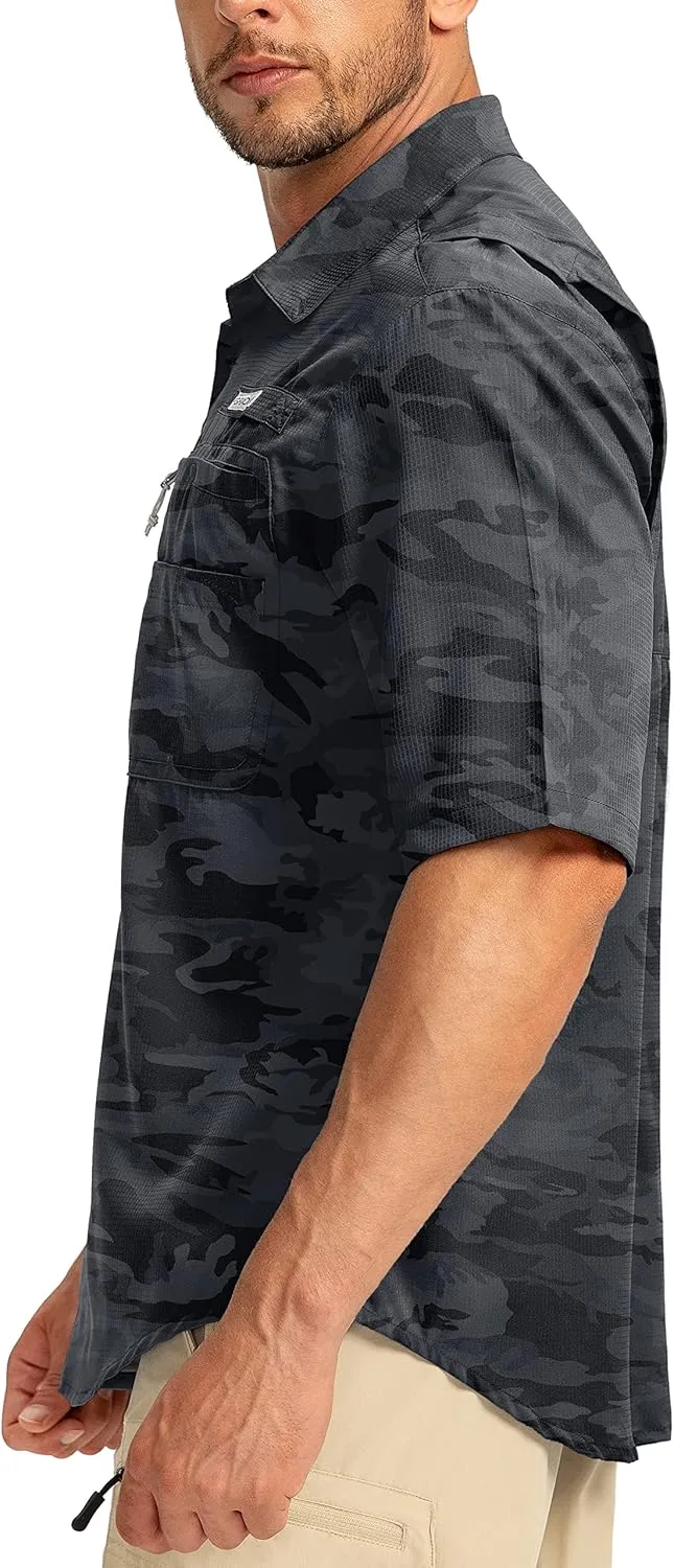 Men's Fishing Shirts with Zipper Pockets UPF 50  Lightweight Cool Short Sleeve Button Down Shirts for Men Casual Hiking