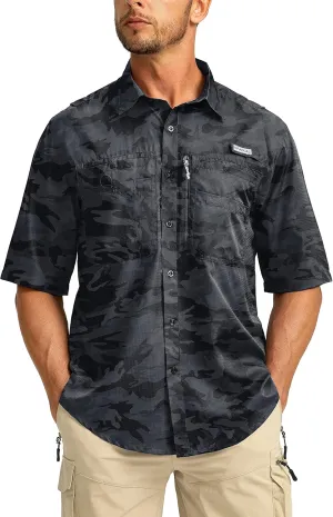 Men's Fishing Shirts with Zipper Pockets UPF 50  Lightweight Cool Short Sleeve Button Down Shirts for Men Casual Hiking