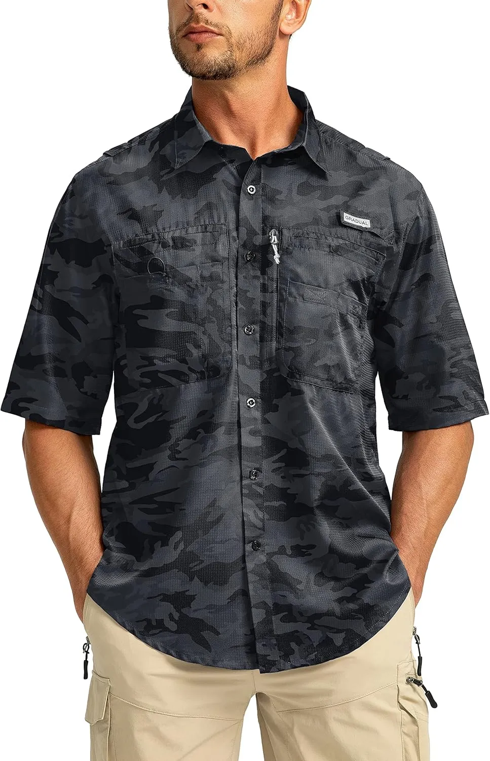 Men's Fishing Shirts with Zipper Pockets UPF 50  Lightweight Cool Short Sleeve Button Down Shirts for Men Casual Hiking