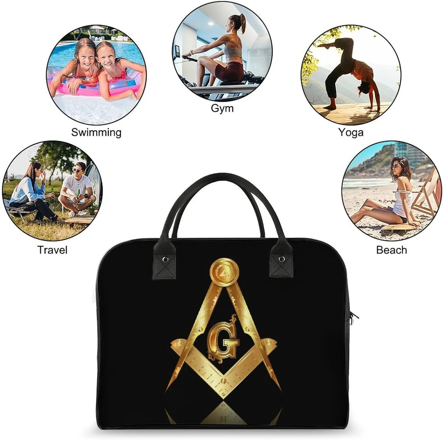 Men's Large Carry On Bag, Travel Bag Fashion Duffel Bag, Portable Weekend Overnight Hand Bag, Airplane Portable Bag Compatible with Gold Freemason Freemasonry Masonic