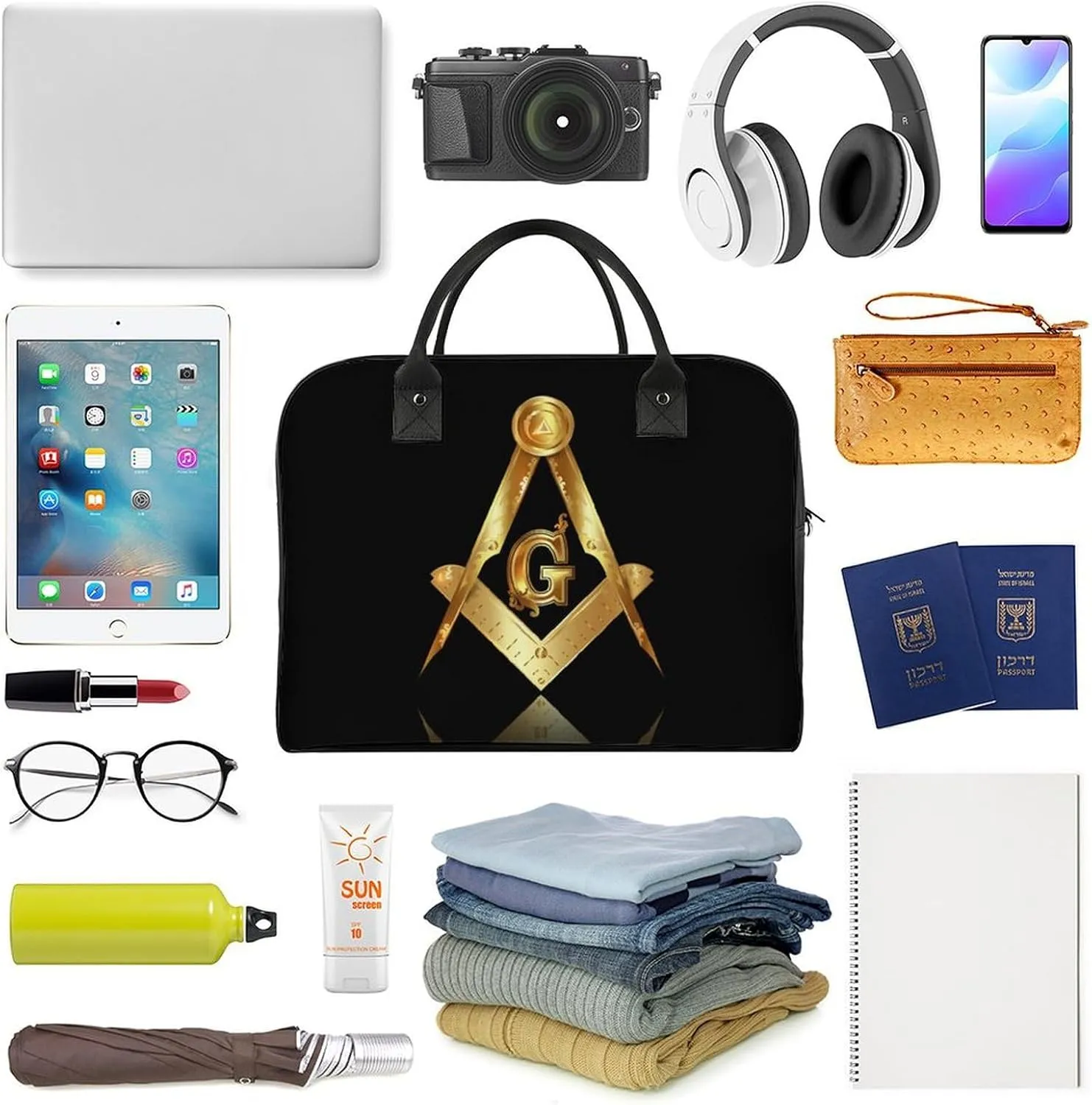Men's Large Carry On Bag, Travel Bag Fashion Duffel Bag, Portable Weekend Overnight Hand Bag, Airplane Portable Bag Compatible with Gold Freemason Freemasonry Masonic