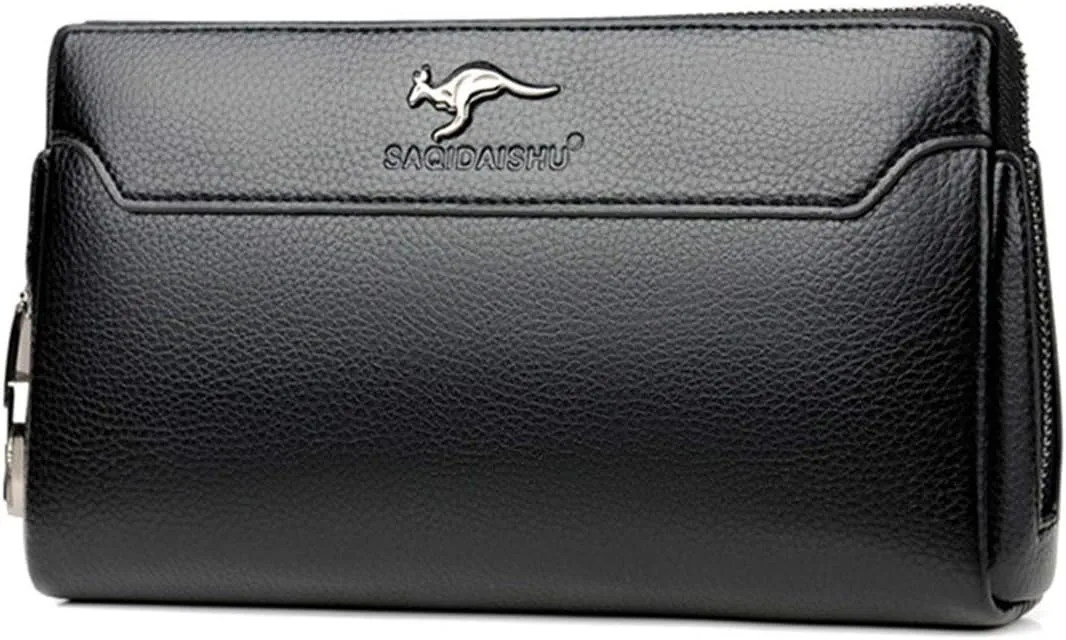 Mens Leather Zipper Clutch Wallet with Combination Lock Large Capacity Wristlet Clutch Bag