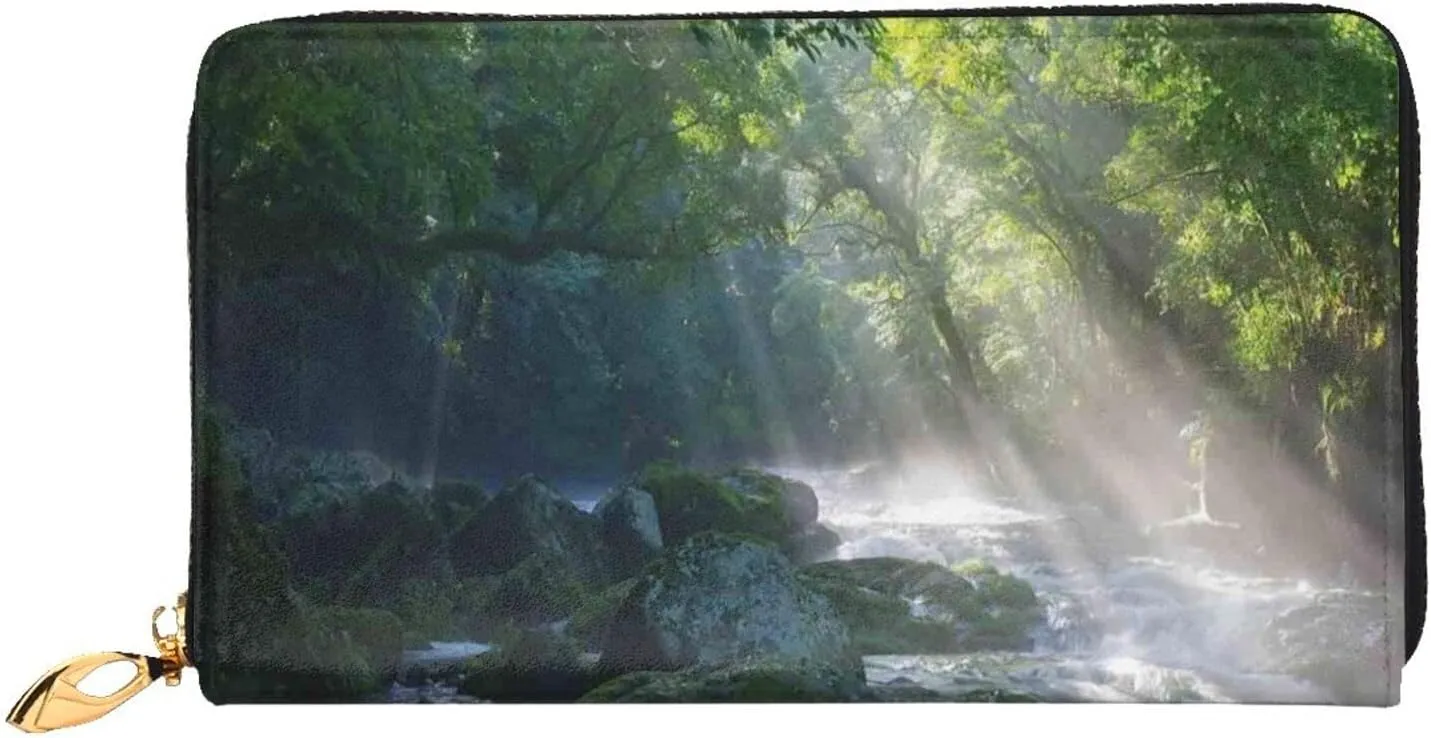 Men'S Women'S Leather Wallet Clutch Bag Cell Phone Purse Wristlet Handbag (Rainforest Stones Trees Sun Rays Theme)