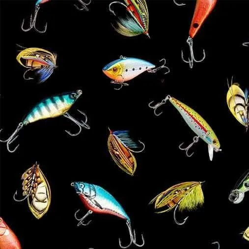 Michael Miller Girls Gone Fishing DCX11942 Black Bait & Tackle Fabric
