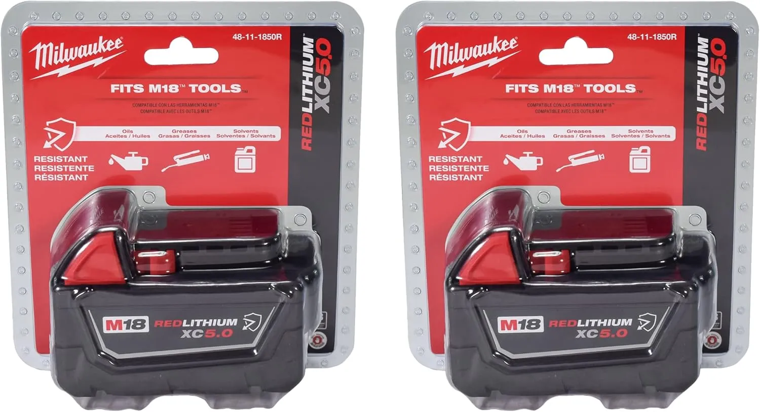 Milwaukee 48-11-1850R M18 18V 5Ah XC Extended Capacity Resistant Battery 2 Pack, (48-11-1850Rx2)