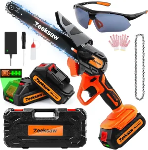 Mini Chainsaw 6 Inch Cordless, Super Handheld Chainsaw with 2x Big Batteries, Electric Mini Chain saw Battery Powered, Small Hand saws for Tree Wood - Garden Yard Time Saving Tool