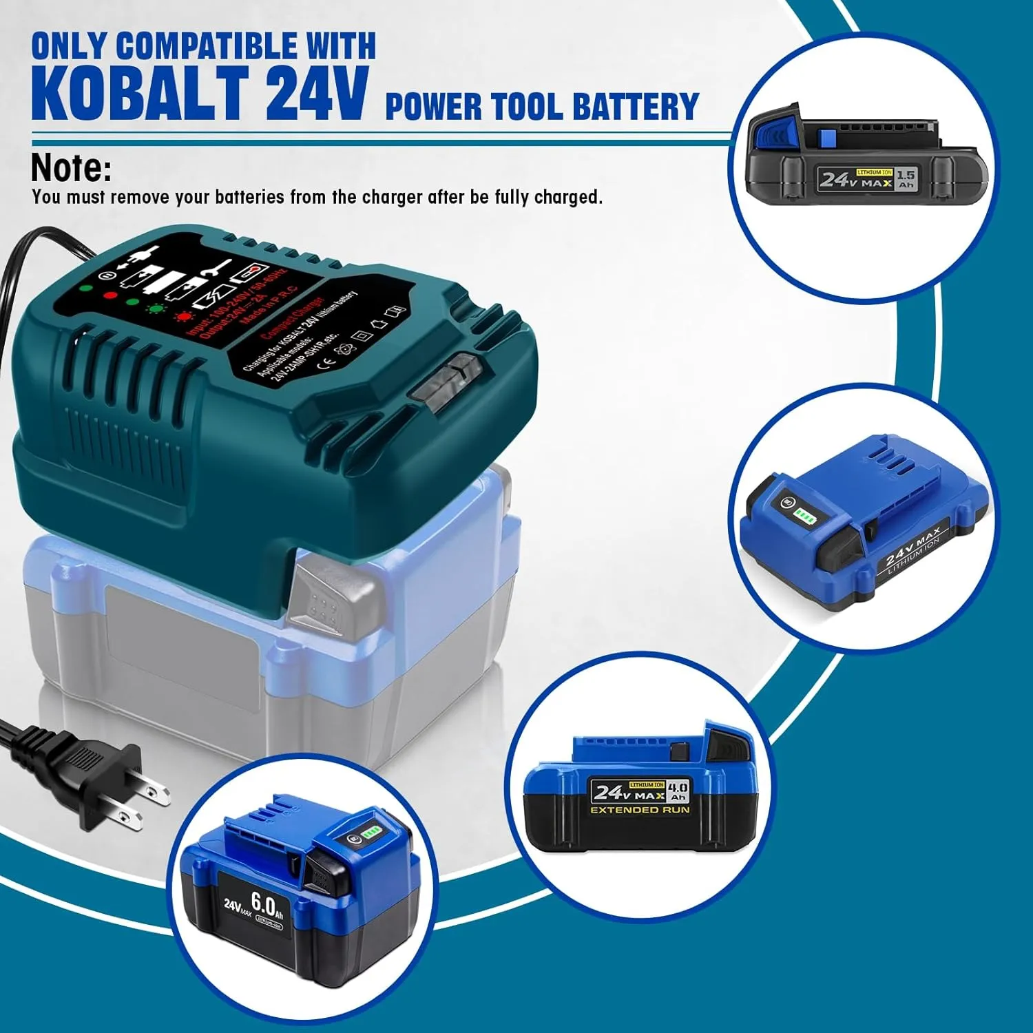 Mini Charger for Kobalt 24V Battery KB624-03, KB524-03, KB424-03, KB224-03, KB124-03, 0673802, 1051230 Power Tool Battery Charger with LED Indicator