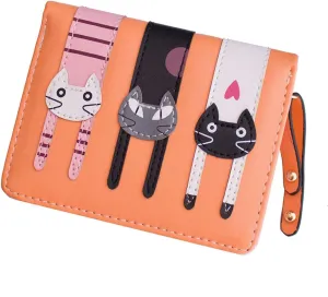 Mini Faux Leather Bifold Cute 3 Cat Zipper Clutch Wallet Handbag for Women Girls