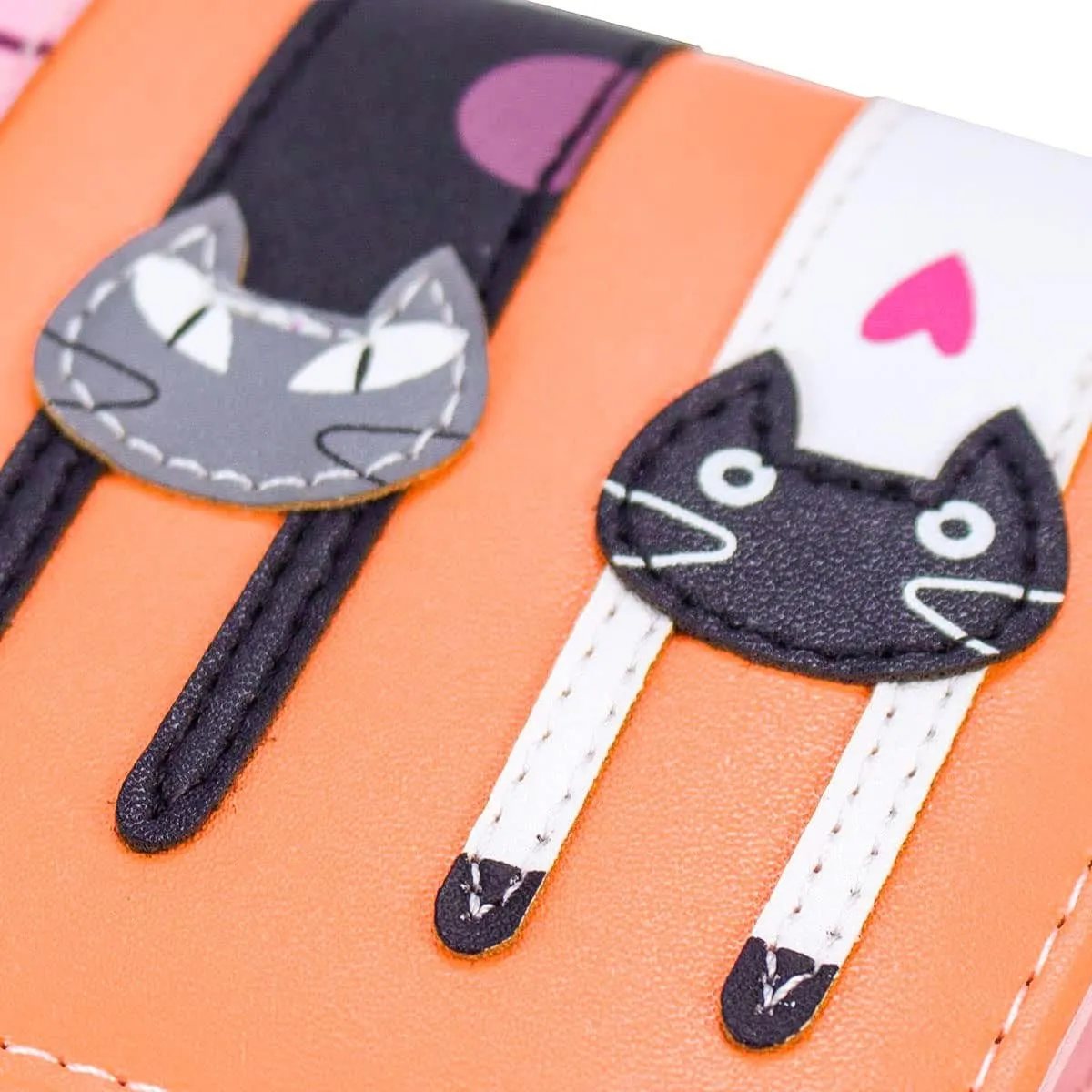 Mini Faux Leather Bifold Cute 3 Cat Zipper Clutch Wallet Handbag for Women Girls