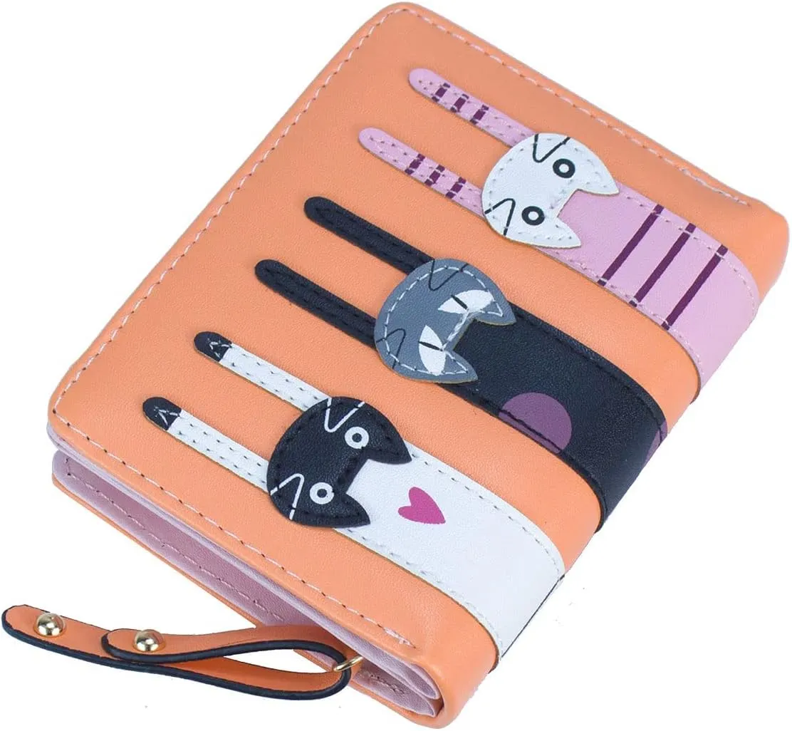Mini Faux Leather Bifold Cute 3 Cat Zipper Clutch Wallet Handbag for Women Girls