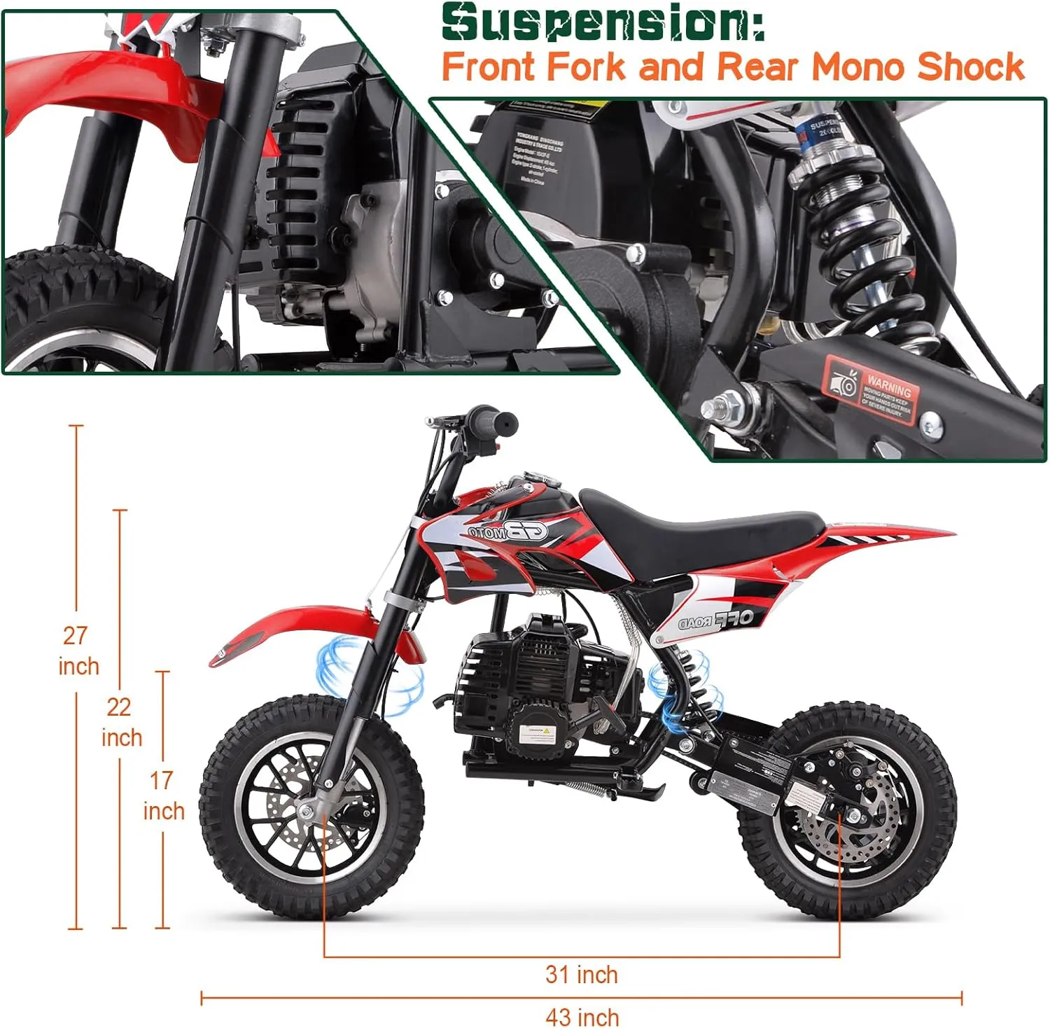 Mini Kid Dirt Bike, DB001 Model 49 CC 2-Stroke Gas Bike with Off-Rode Tire, Suspensions, Disc Brakes, Max Load 160Lbs, Up to 20Mph, EPA Approved (Red)