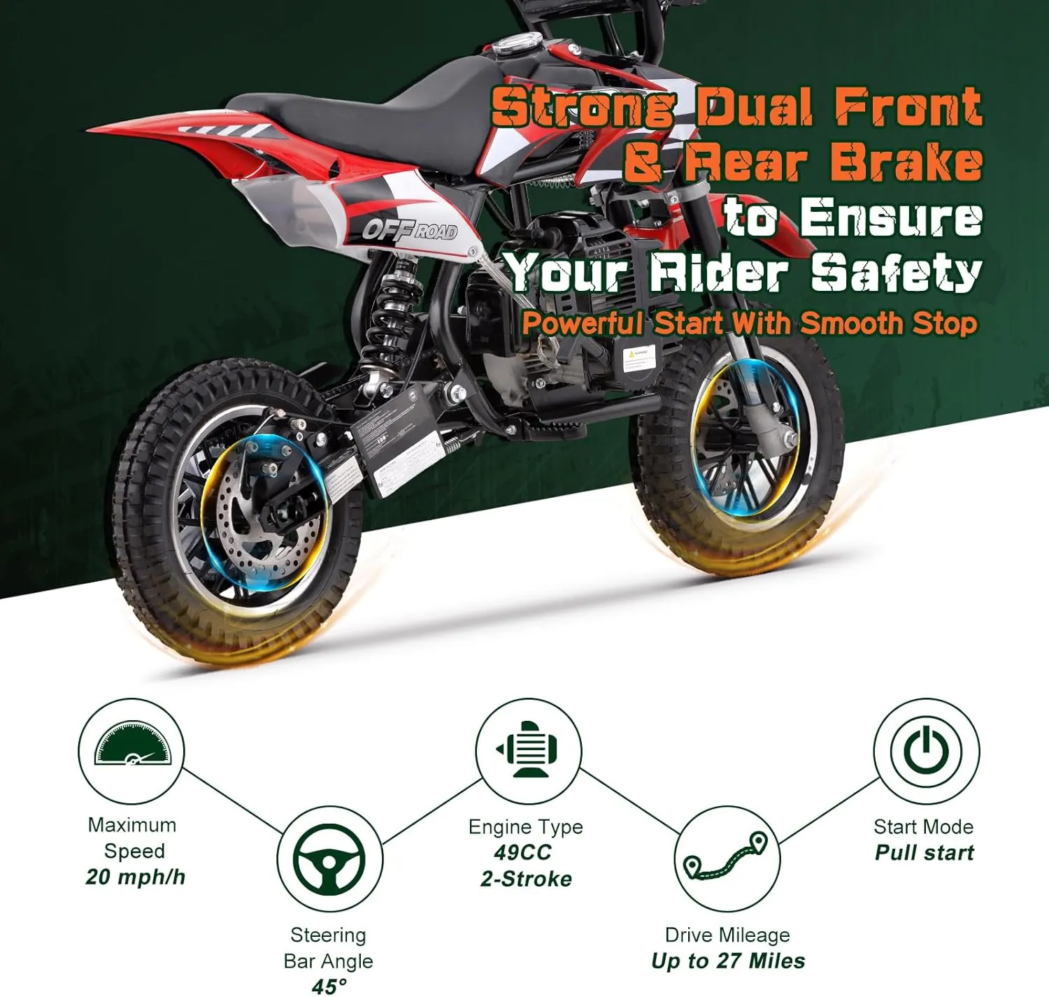 Mini Kid Dirt Bike, DB001 Model 49 CC 2-Stroke Gas Bike with Off-Rode Tire, Suspensions, Disc Brakes, Max Load 160Lbs, Up to 20Mph, EPA Approved (Red)