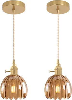 Mini Pendant Light 2 Pack with Amber Tulip Glass Lmapshade, Brass Vintage Pendant Light Adjustable Hanging Light for Kitchen Island Dining Room Hallway