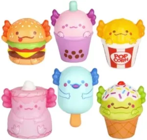 Mini Squish Axolotl Foodie Friends - Slow Rise Stress Relief, Fidget Toy, Sensory Play, Party Favors, Reward Chest, Treasure Chest, Goodie Bags - Hamburger, Popcorn, Ice Cream, and More! - 6 Piece
