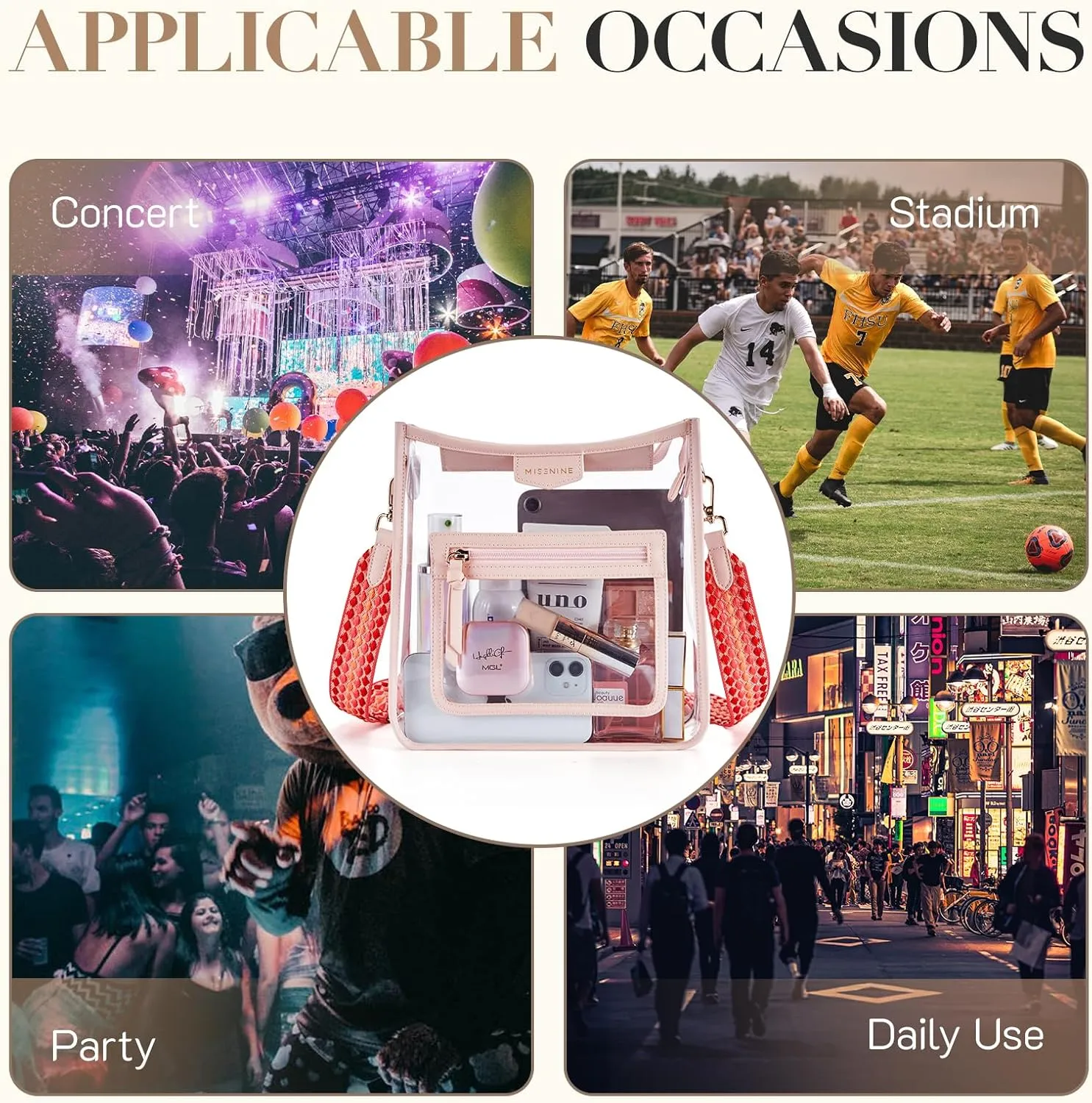 Missnine Clear Crossbody Bags for Women Stadium Approved Clear Purse for Concert Transparent Plastic Bag with Guitar Strap