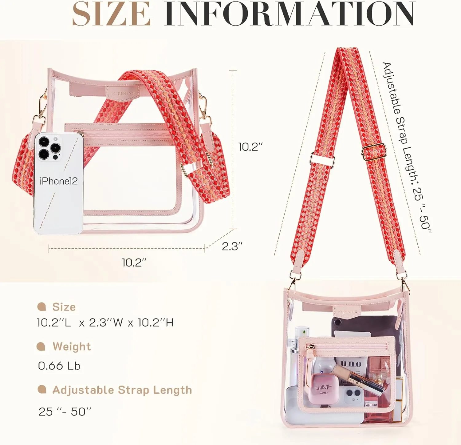 Missnine Clear Crossbody Bags for Women Stadium Approved Clear Purse for Concert Transparent Plastic Bag with Guitar Strap