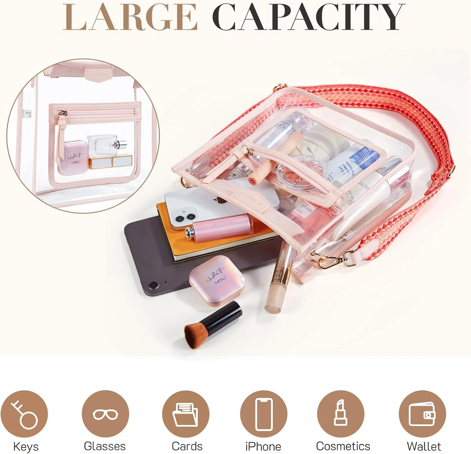 Missnine Clear Crossbody Bags for Women Stadium Approved Clear Purse for Concert Transparent Plastic Bag with Guitar Strap