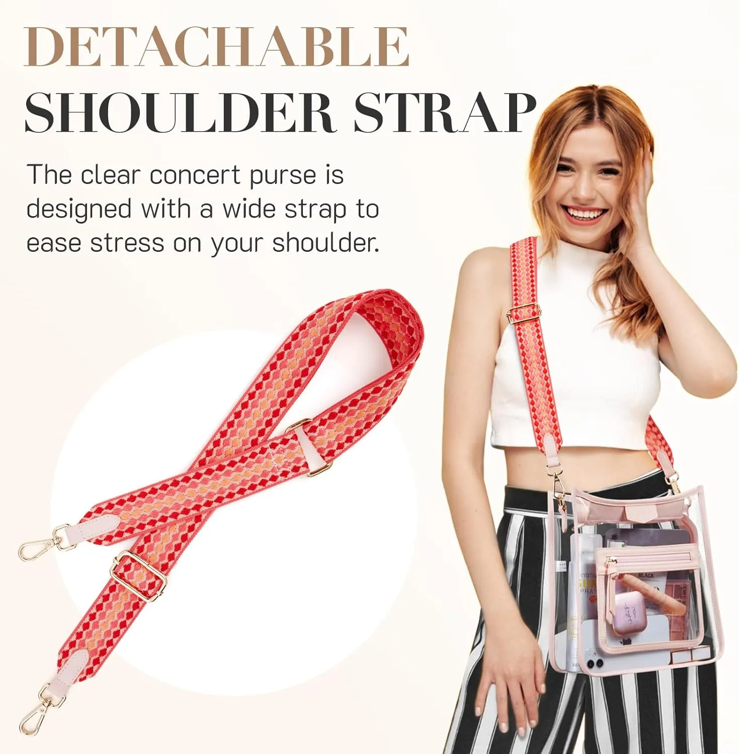 Missnine Clear Crossbody Bags for Women Stadium Approved Clear Purse for Concert Transparent Plastic Bag with Guitar Strap