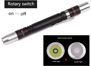 MODOAO LED Flashlight Pen Light, White and purple dual light flashlight for Test，LED Mini Pocket Pen Clip Flashlight work for Camping, Outdoor, Fishing, Emergencies