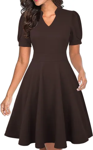 Mokayee Womens Summer Short Puff Sleeve Casual Semi-Formal Fit and Flare Church Wedding Guest Work Dresses with Pockets