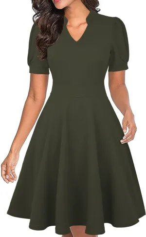 Mokayee Womens Summer Short Puff Sleeve Casual Semi-Formal Fit and Flare Church Wedding Guest Work Dresses with Pockets
