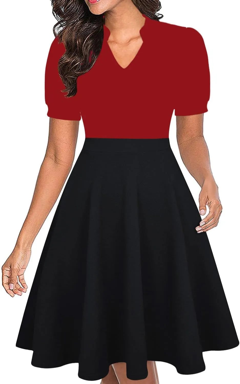 Mokayee Womens Summer Short Puff Sleeve Casual Semi-Formal Fit and Flare Church Wedding Guest Work Dresses with Pockets