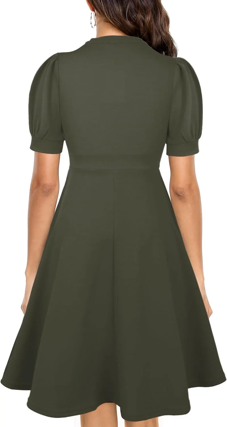Mokayee Womens Summer Short Puff Sleeve Casual Semi-Formal Fit and Flare Church Wedding Guest Work Dresses with Pockets