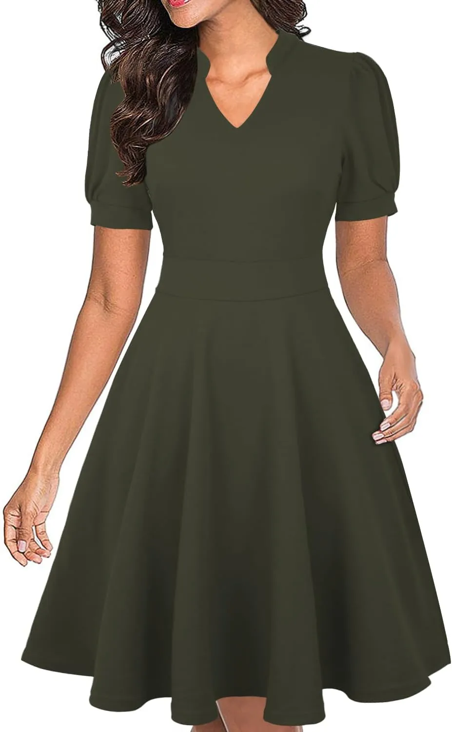 Mokayee Womens Summer Short Puff Sleeve Casual Semi-Formal Fit and Flare Church Wedding Guest Work Dresses with Pockets
