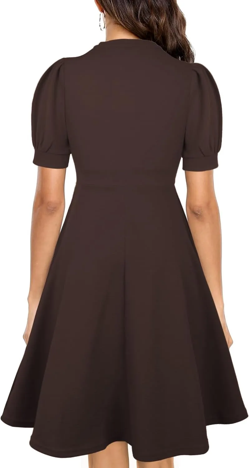 Mokayee Womens Summer Short Puff Sleeve Casual Semi-Formal Fit and Flare Church Wedding Guest Work Dresses with Pockets