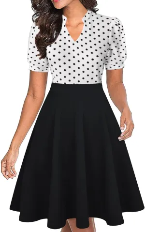 Mokayee Womens Summer Short Puff Sleeve Casual Semi-Formal Fit and Flare Church Wedding Guest Work Dresses with Pockets