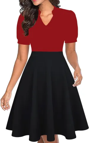 Mokayee Womens Summer Short Puff Sleeve Casual Semi-Formal Fit and Flare Church Wedding Guest Work Dresses with Pockets