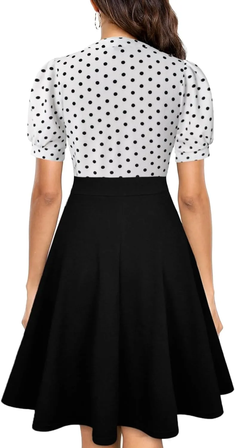 Mokayee Womens Summer Short Puff Sleeve Casual Semi-Formal Fit and Flare Church Wedding Guest Work Dresses with Pockets